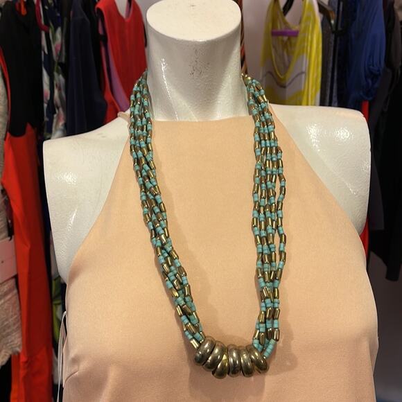 Vintage Beads & Metal Necklace Blue Bronze - Picture 1 of 5